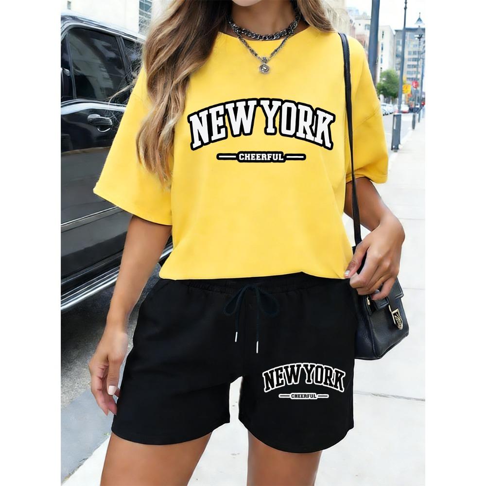 New York Cheerful Letter Print  Shorts Womens Basic Two Pieces Set T-Shirt Pants Summer High Waisted Oversize Clothes