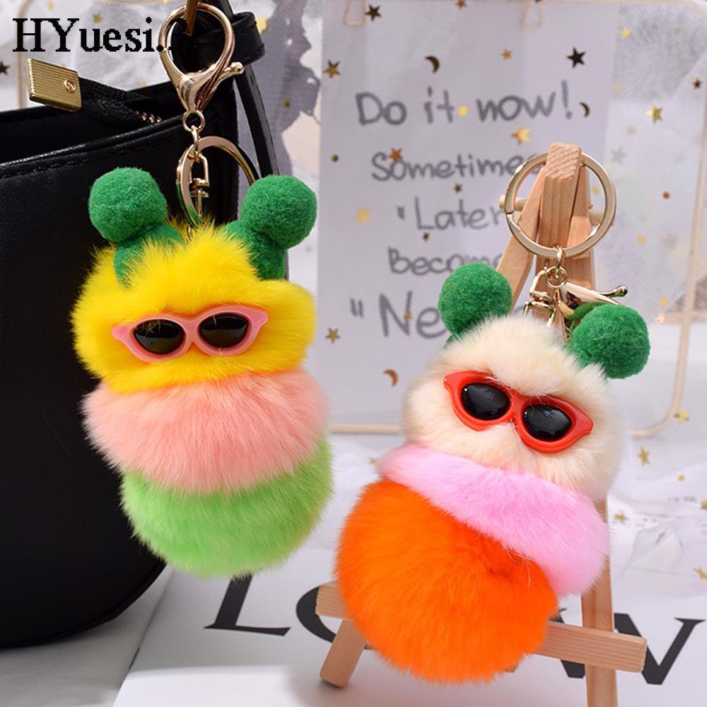 Niedliche bunte Plüschraupen Schlüsselanhänger mit Sonnenbrille Weicher Kaninchenfell Tier Pompon Anhänger Mit Schlüsselringen Für Damen Handtasche