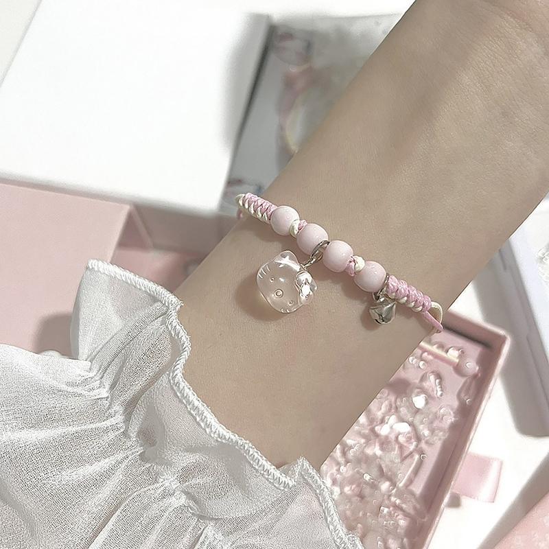 Kawaii Hello Kitty Bracelet Y2K Pink Bracelet Lucky Girl Braided Rope Bracelet Sweet Cute Pendant Friend Couple Jewelry Gift