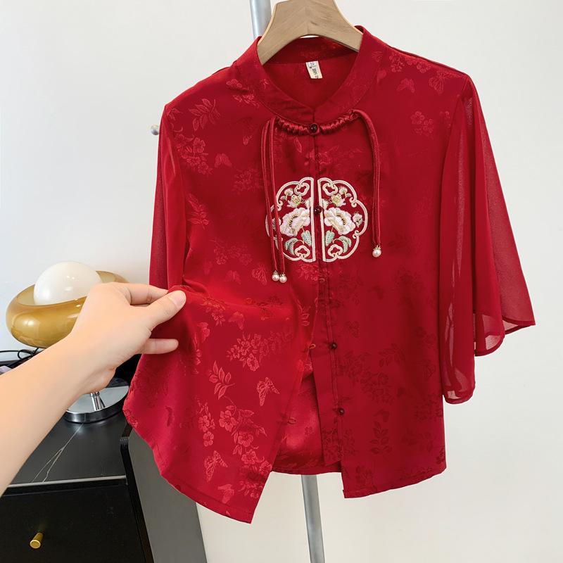 

Elegant Summer Stand-Up Collar Shirt for Women - Slim Fit Acetate Jacquard with Embroidered Patchwork. XXL червоний