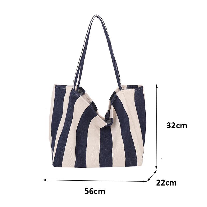 Women Striped Shoulder Bag Simple Carrying Bag Large Capacity Stylish Shoulder Purse Casual Shopping Bag Canvas Commuting Bag