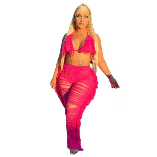 

2 Pcs/Set Women Crop Top Pants Set Tassel Hollow Out Lace-up Halter Neck S розы красного