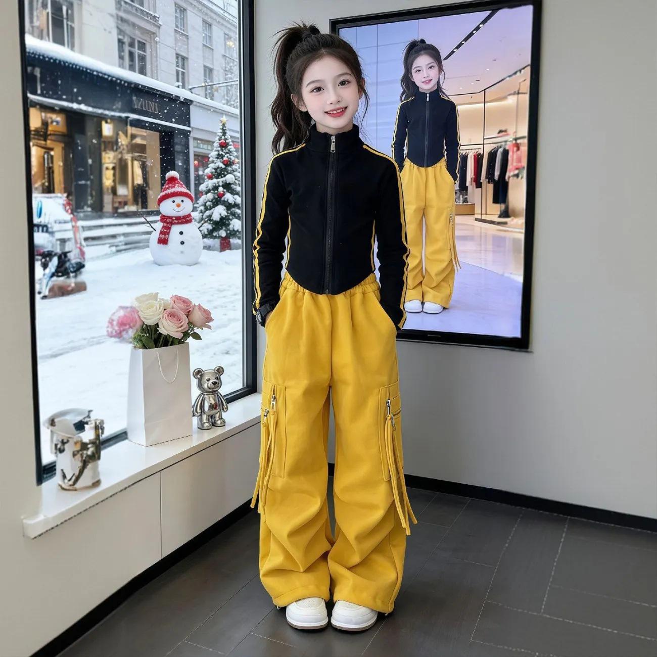 Korean-Style Girls Hoodie and Overalls Set - Trendy Spring/Autumn Two-Piece Outfit 140 cm