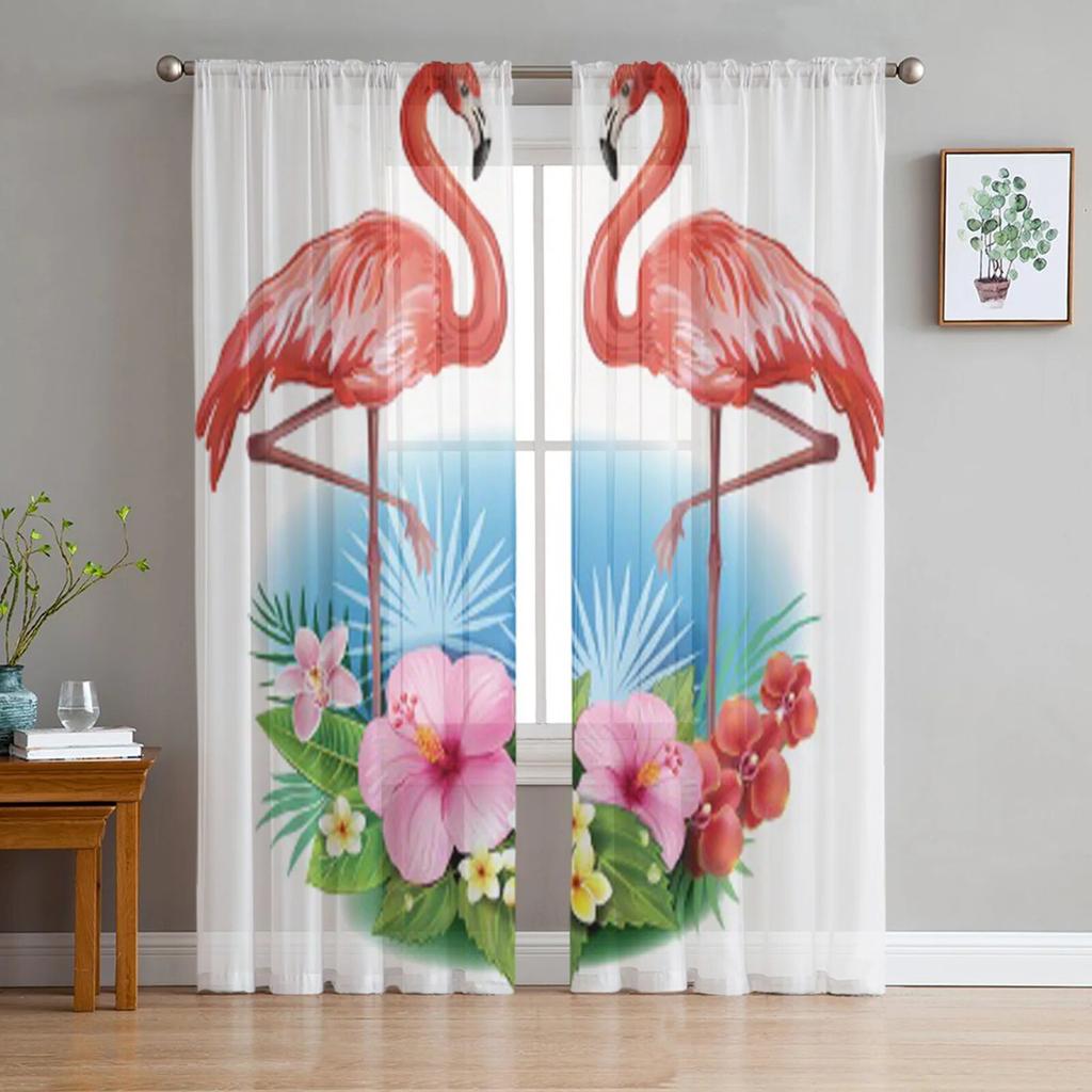 Tropical Flowers And Flamingo Tulle Curtain For Living Room Sheer Valance Curtain For Kitchen Bedroom Window Drapes