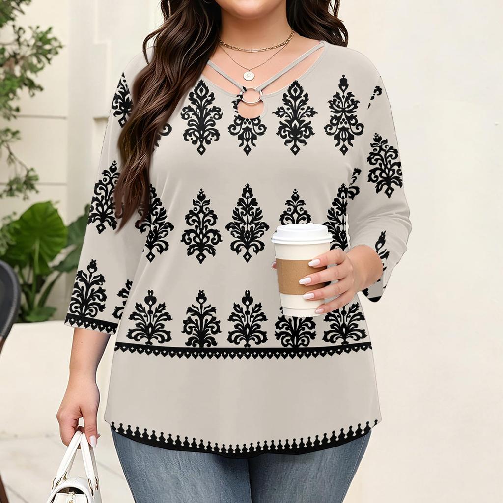 Blusa Floral Feminina Plus Size com Manga Três Quartos, Blusa Casual, Túnica de Corte Amplo para Primavera Verão, Uso Diário, Trabalho e Saídas