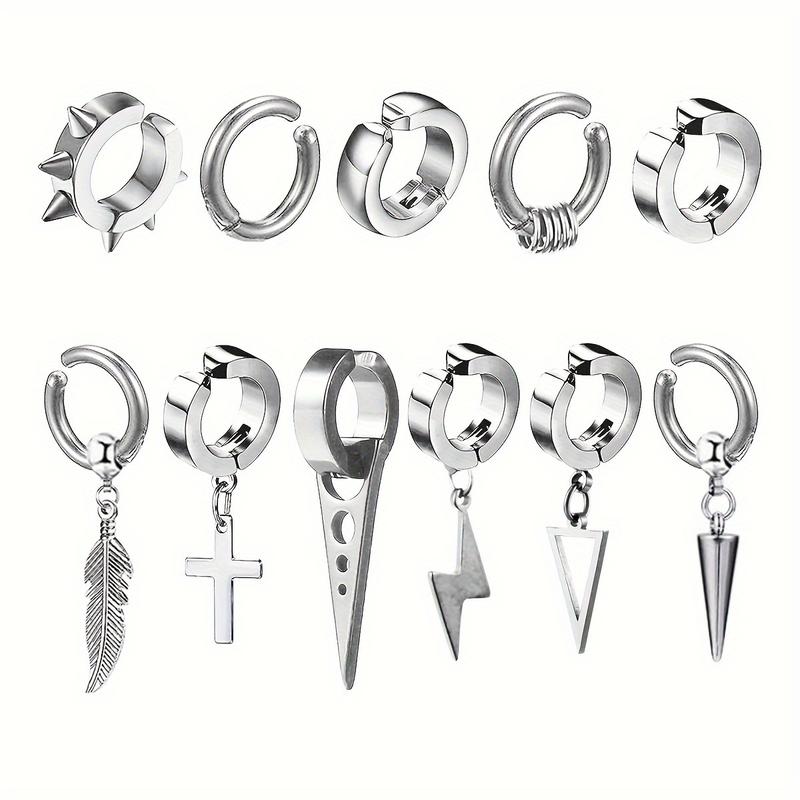 EVISPOL 11pcs Punk Style Stainless Steel Ear Clip Set Non-Piercing Hip-Hop Rivet Feather Pendant Earrings for Men and Women