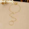 DIEYURO 316L Stainless Steel Luxury Golden Cross Inlay Zircon Thin Chain Finger Ring Bracelet for Women Party Elegant Jewelry