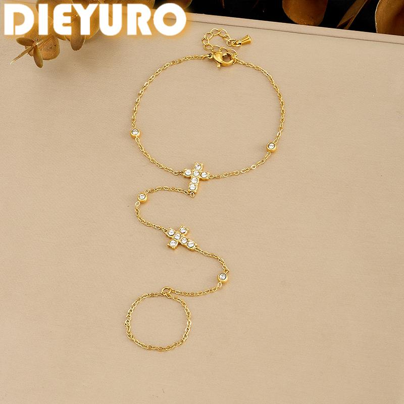 DIEYURO 316L Stainless Steel Luxury Golden Cross Inlay Zircon Thin Chain Finger Ring Bracelet for Women Party Elegant Jewelry
