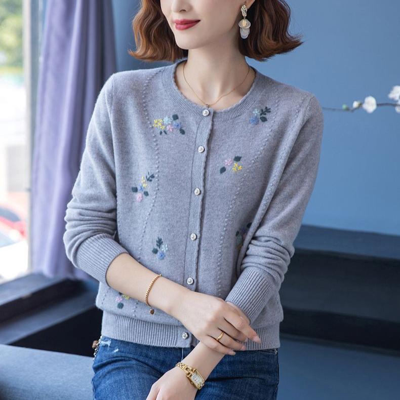 Autumn Winter Women's Wool Cardigan Round Neck Embroidered Knitted Jacket Cardigan Top
