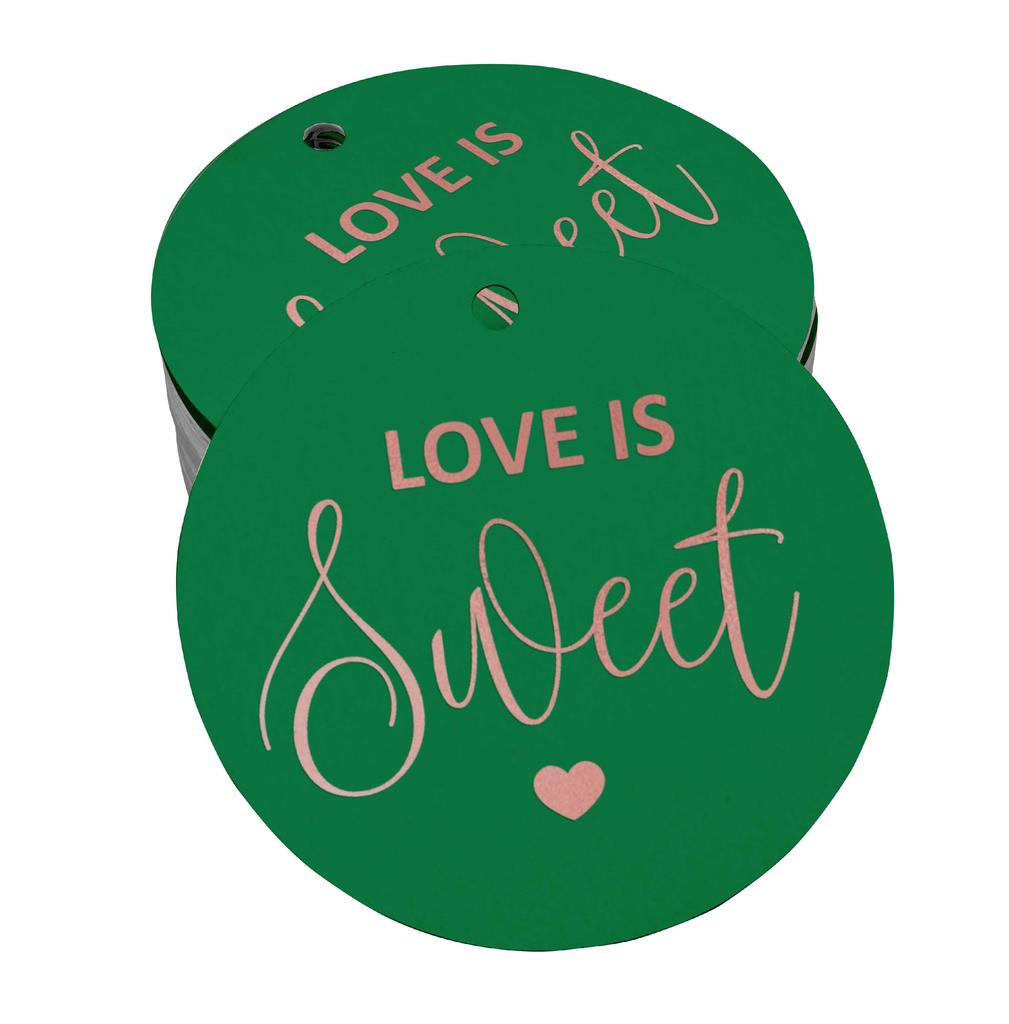 Inkdotpot 100 - Confezione da 100 etichette in carta stagnola color oro vero Love Is Sweet bomboniera da appendere