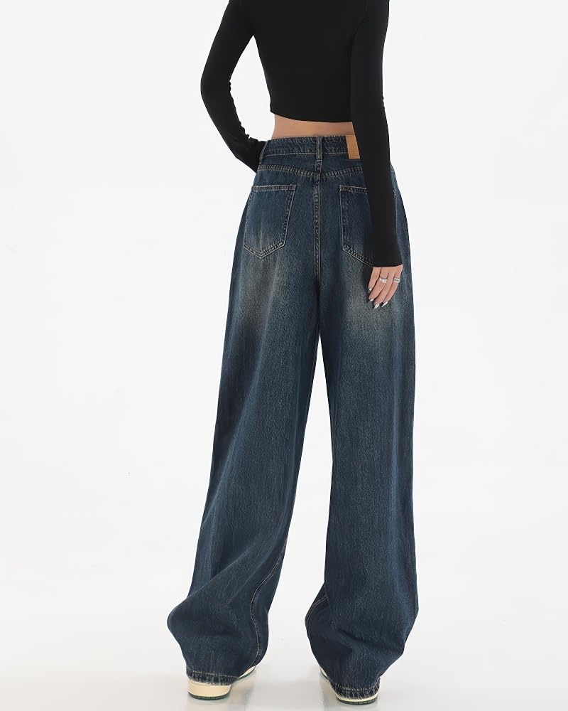 LUJPOIR Denim Straight Perfekt für Unterwegs und den Alltag Damen Wide-Leg Jeans, Passform, Lässig, Streetwear, Figurschmeichelnd, Ausgehen, Pendeln, - Blau-L