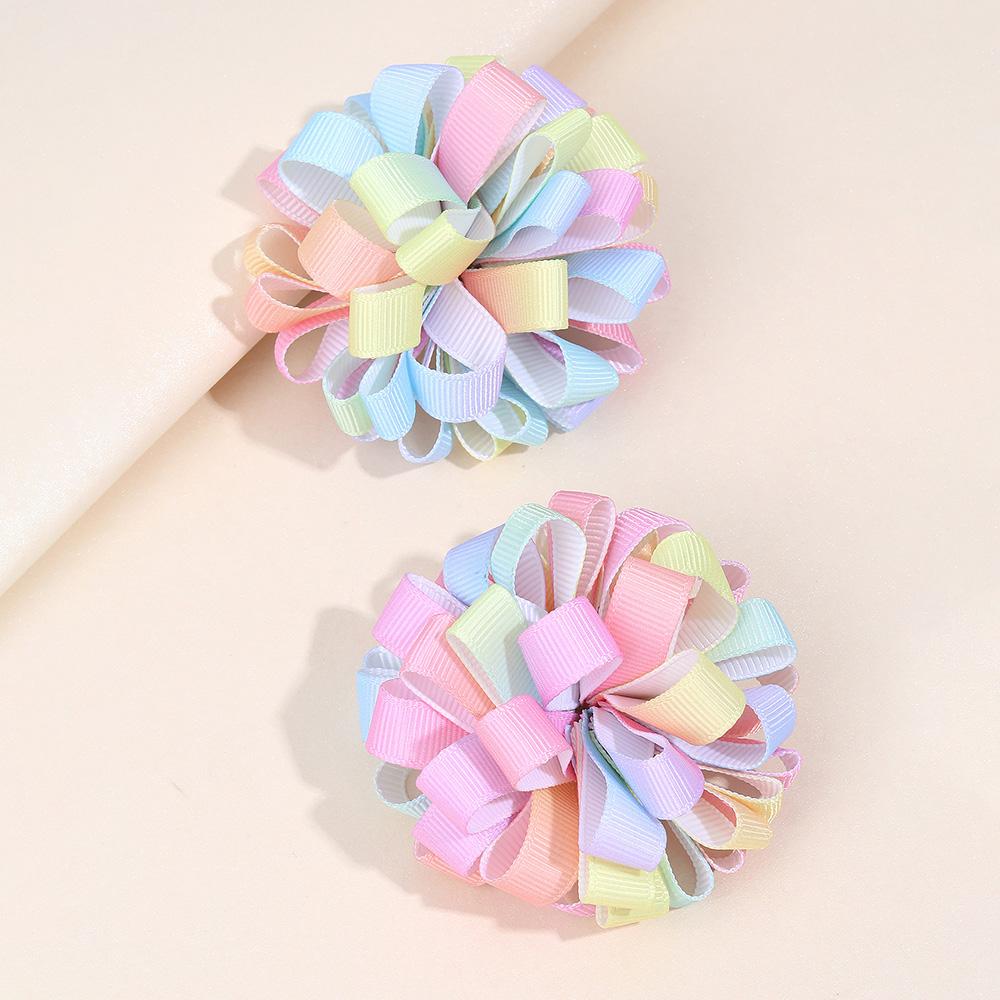 2Pcs New Ribbon Flower Hair Clips Rainbow-coloured Hydrangea Ponytail Holder Hairpins Girl Children's Kids Headwear Accessories