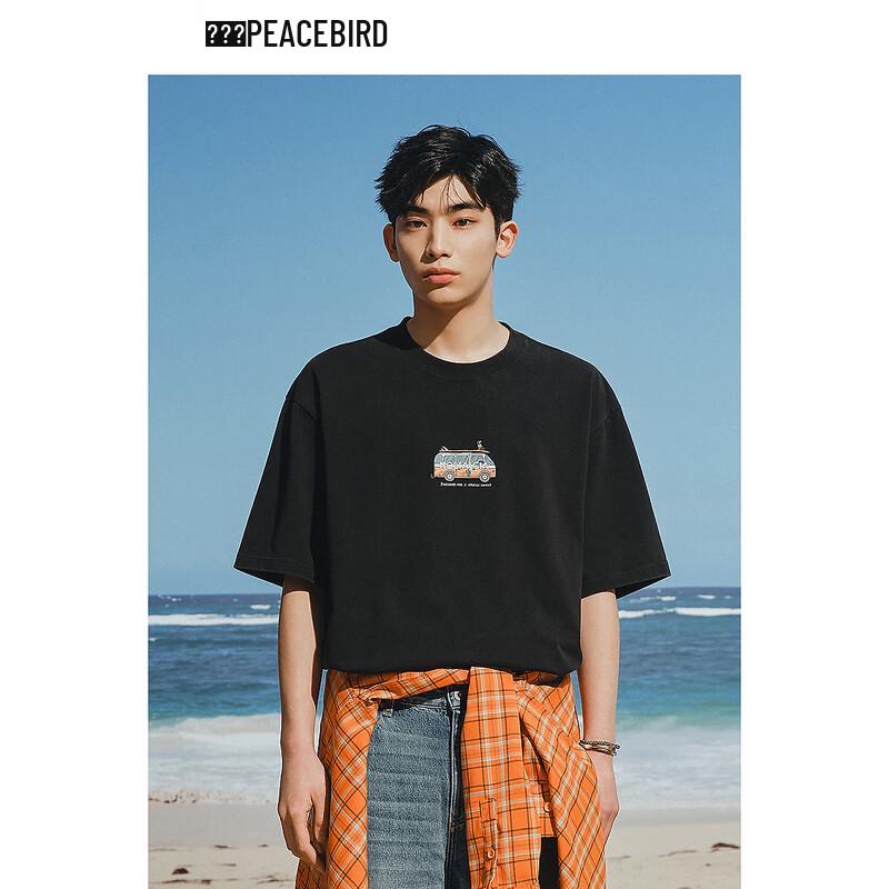 Peacebird Men s Wanxin Co-branded Embroidered Loose Fit Round Neck Short-Sleeve T-shirt L
