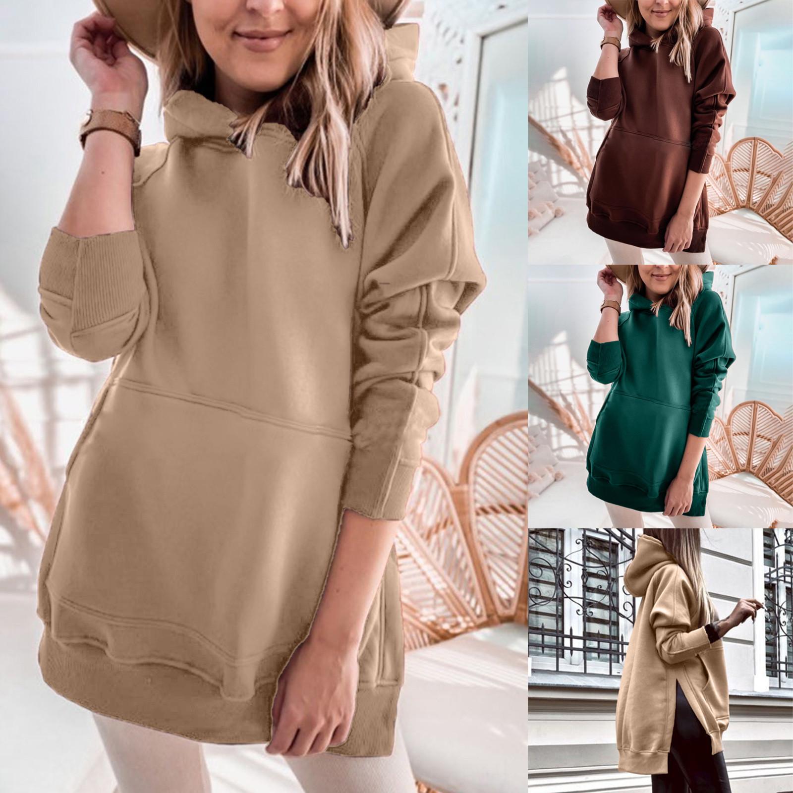 

Женский модный повседневный сплошной цвет со свободными боковыми разрезами и карманным свитером с капюшоном