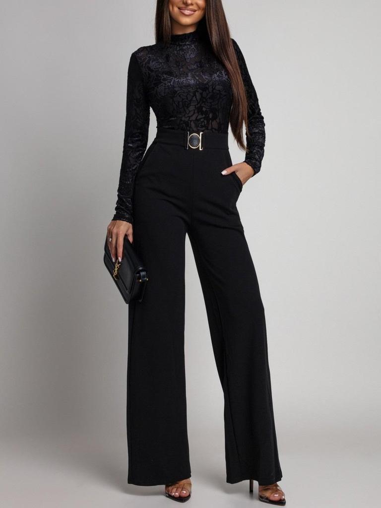 European & American Lace Patchwork Jumpsuit: Spring/Autumn Women's Fashion High-Waist Wide-Leg Set