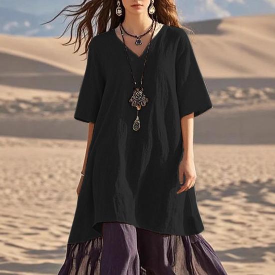 Damen Boho Patchwork Lockeres Kleid Lässiges V-Ausschnitt Kurzarm Swing Kleid Sommer Strandurlaub Sommerkleid