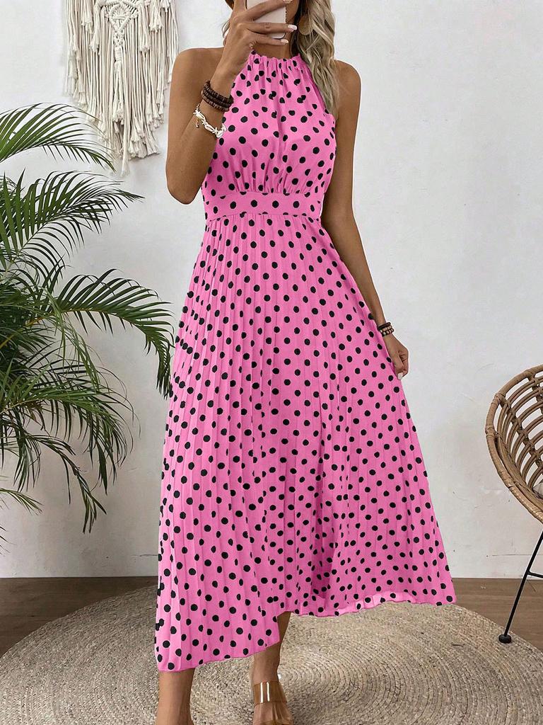 European and American Women's Clothing Spring and Summer Fashion Printing Polka Dot Round Neck Long Dress Women's Dress