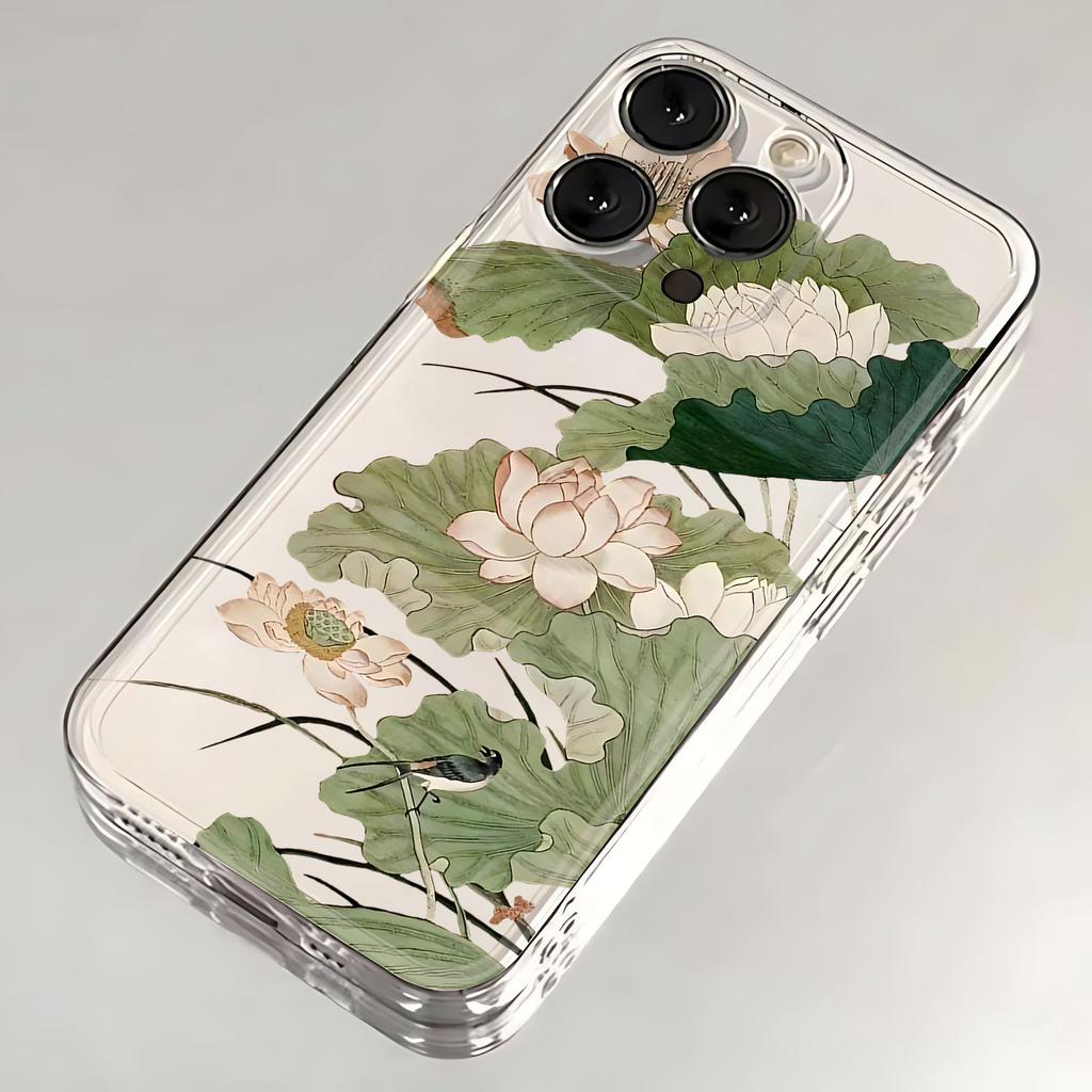 Chinese Ink Wash Lotus Bird Clear Phone Case for iPhone 17 16 15 14 13 12 11 16E Series Pro Max Plus Double Layer Protection