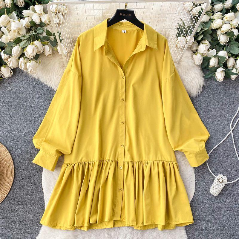 

Chic Early Autumn Wear Slim Looking Girl s Dress Long Sleeves Shirt Yellow All yards