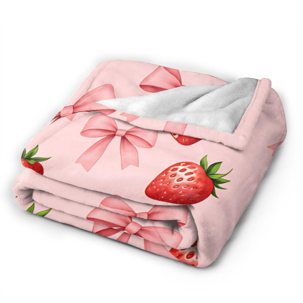 Pink Strawberry Print Flannel Blanket  Warm Soft Throw Blanket for Bedroom Camping Street Trend Bedspread Sofa Bed Cover