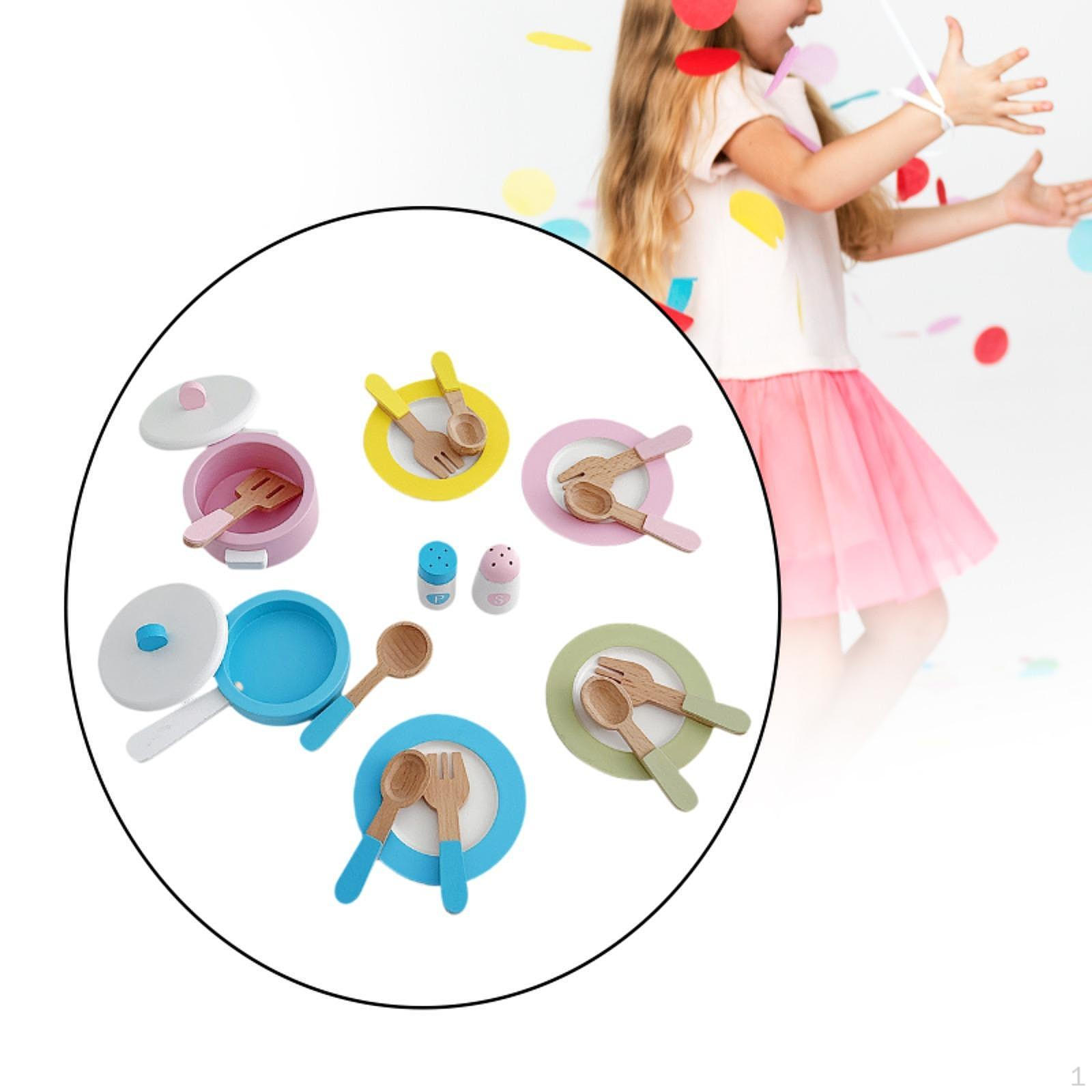 Wooden Toy Plates and Dishes,Playset Pretend Play Kitchen Set Accessories for