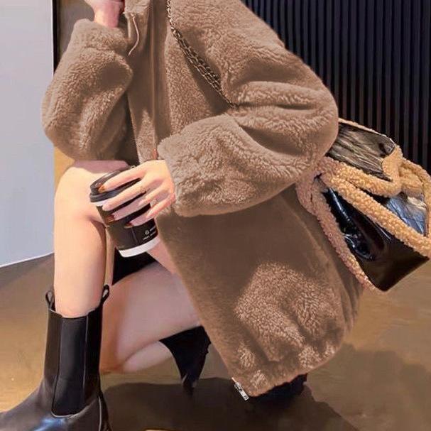 Jacket women's small temperament thickened sweater autumn and winter new women's stand-up collar trend double-sided velvet large size women's clothing