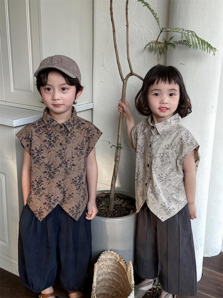 Jiaye Tongpin 2025 Kids' Floral Short-Sleeve Retro Shirt for Boys and Girls