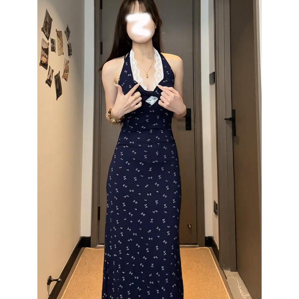 New neck blue long dress niche lace skirt floral dress summer casual temperament