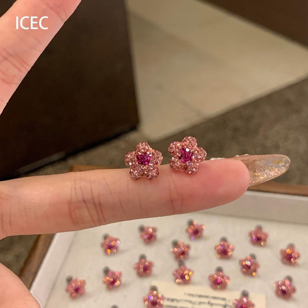 Süße, funkelnde Ohrstecker voller Diamanten, Kleine rosa Blumenohrstecker, Schlicht, Modisch und vielseitig, Niedliche und zarte Ohrringe für Frauen