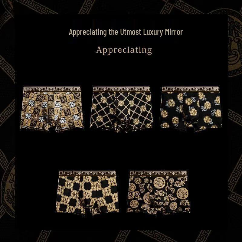 5-Pack Luxury Men's Black Gold Boxer Briefs - Summer Breathable, Plus Size, Antibacterial, Flat Leg Shorts