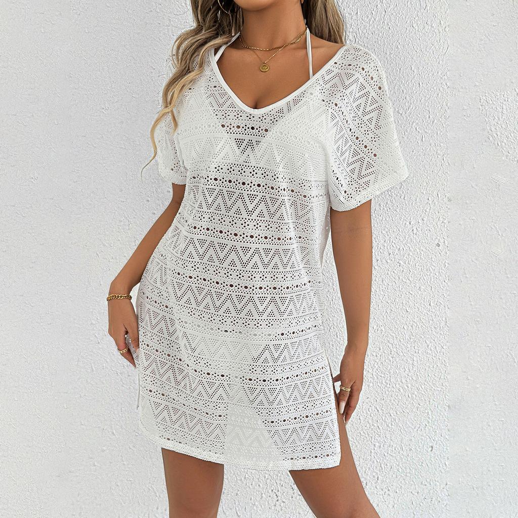 Abito da Donna Estivo Casual Largo Scollo a V Profondo Spacco Pizzo Lavorato a Maglia Manica Corta Copricostume da Spiaggia per Vacanza