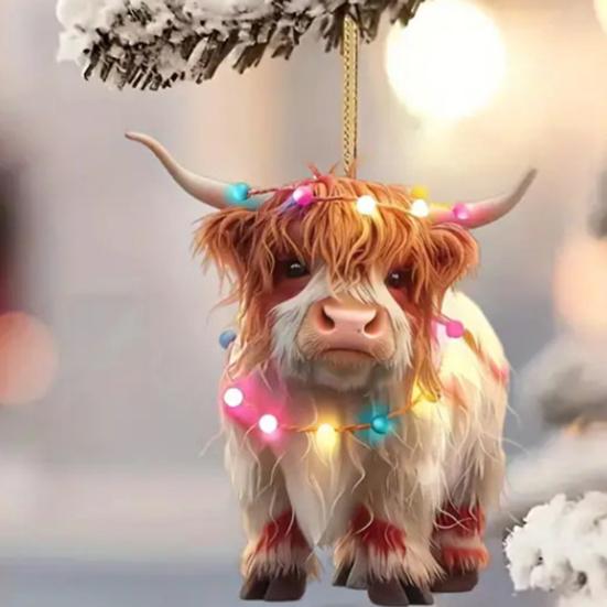 Christmas Cow Ornament Xmas Tree Cartoon Highland Cow Hanging Decorations 2D Flat Acrylic Pendant for Car Rearview Mirror Tree Decor