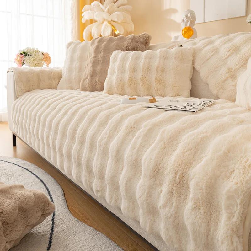 Nordic Solid Color Sofa Towel Thicken Rabbit Plush Sofa Cover Non-slip Covers Couch Slipcovers Sofa Towel for Living Room Decor