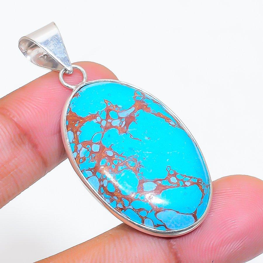 Natural Copper Blue Turquoise 925 Sterling Silver Jewelry Pendant 1.97" ZS-315