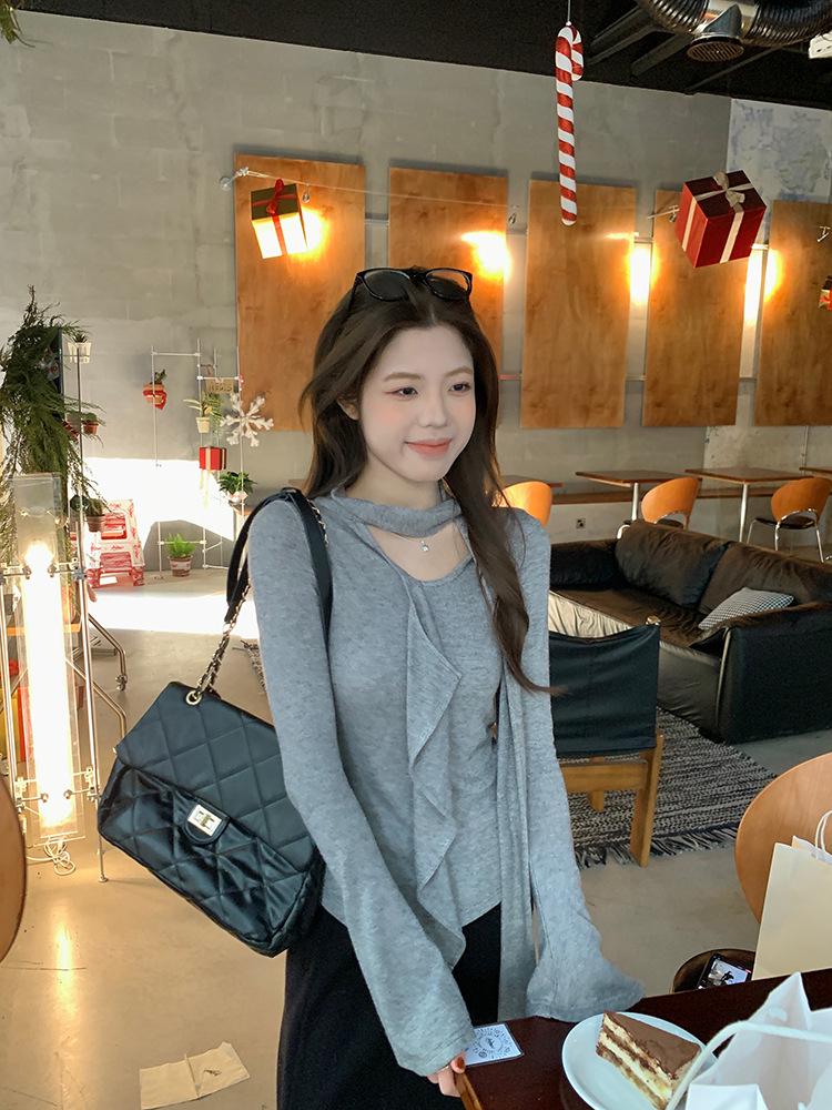 Korean Ruffle Halterneck Flowy Sleeve Slim Fit Top for Women - Chic Spring Arrival