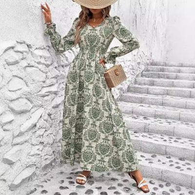 Autumn Women's V-neck Stretch Waist Long Printed Dress