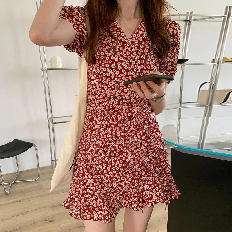 

Шифонова квіткова сукня французький рукав-буф, літня, з куліскою на талії, спідниця «риб ячий хвіст», зелена сукня S червоний