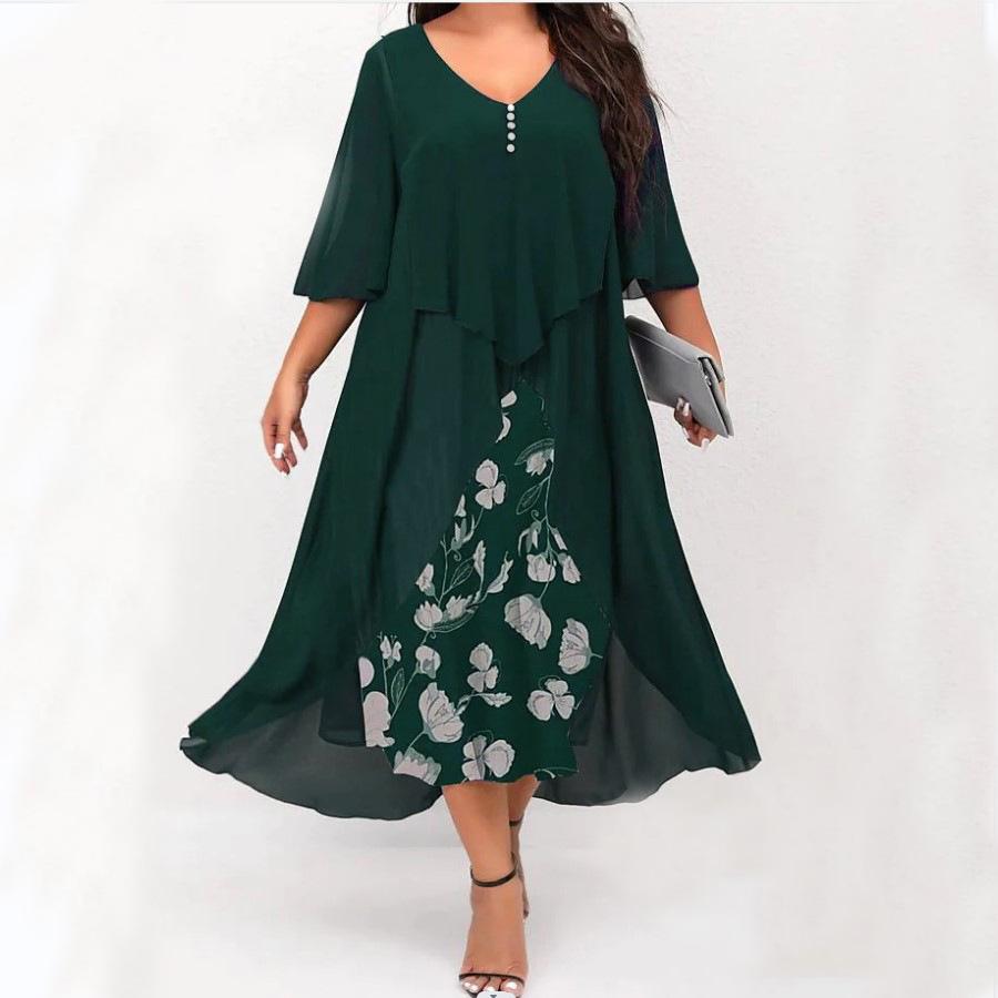 Due Vestiti da Donna in Chiffon Patchwork Finti a Manica Media Sovradimensionati