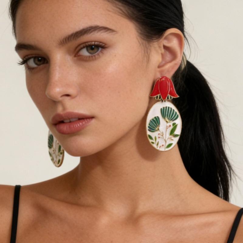 Literary, simple and creative niche design sense Alloy dripping oil three-dimensional flower earrings Versatile commuter earrings