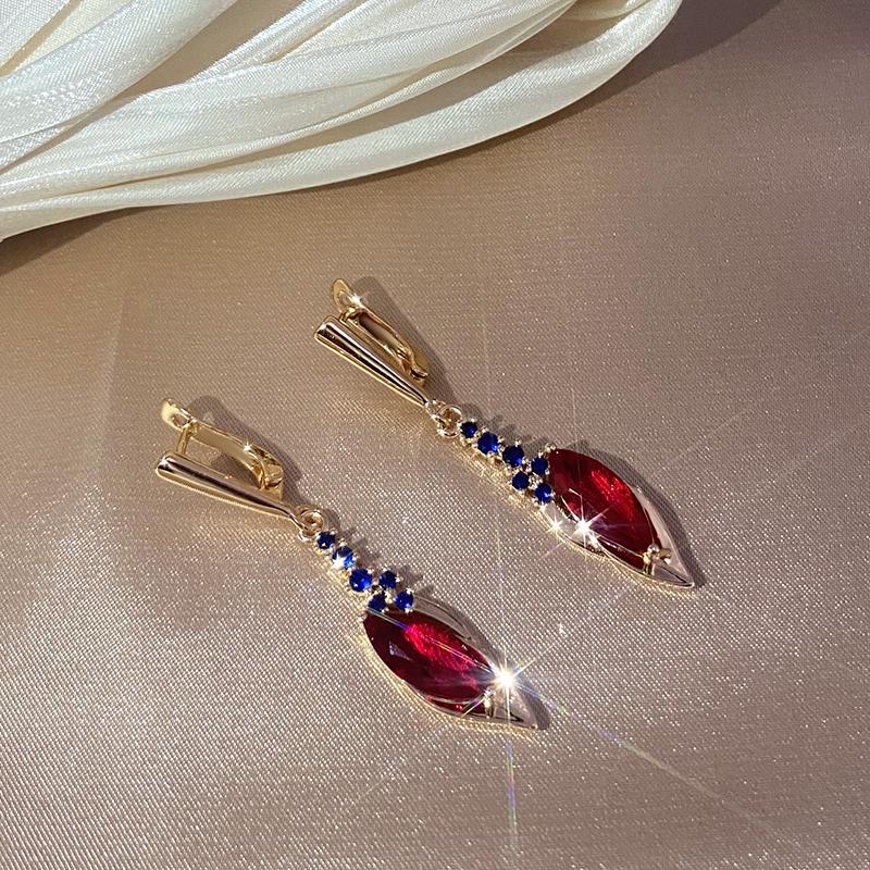 Rose Gold Color Long Drop Earrings For Women Fashion Red With Blue Natural Zircon Accessories Daily Fine Jewelry
