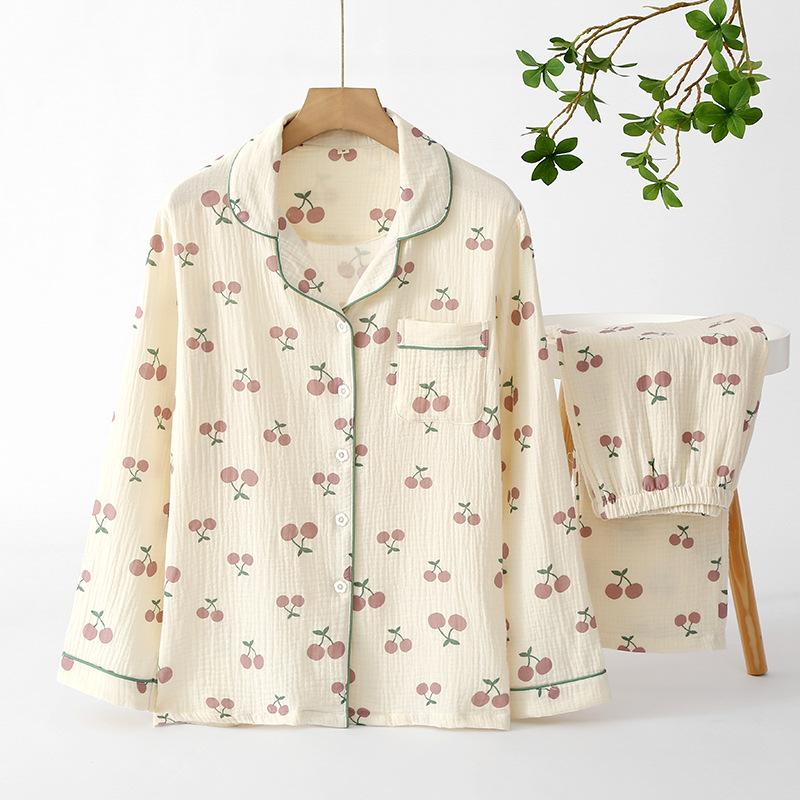 Pajamas women's autumn pure cotton long-sleeved trousers cardigan lapel cotton loose comfortable breathable loungewear set