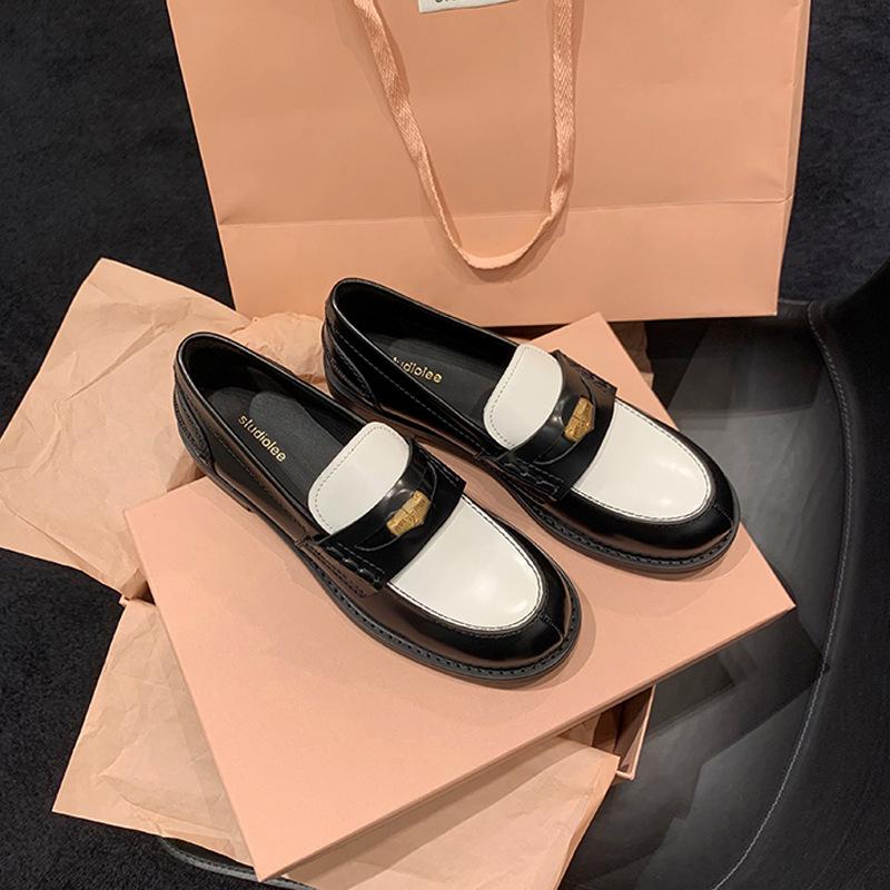 2025 Autumn Round Head Small Gold Buckle Single Shoes Thick Heel Platform Small Leather Shoes British Style Loafers Women's Lightweight