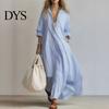 Maxi Shirt Dress Women Striped Long Sleeve Dress, V-Neck Collar Casual for Summer Autumn, Breathable Loose Fit Retro