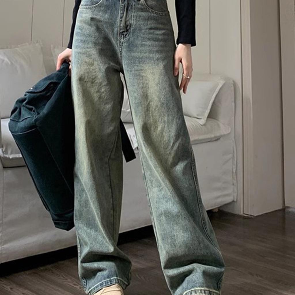 Loose Design,  Retro High Waisted Jeans, Women's Slimming And Drooping Feeling, Wide Leg Mopping Pants
