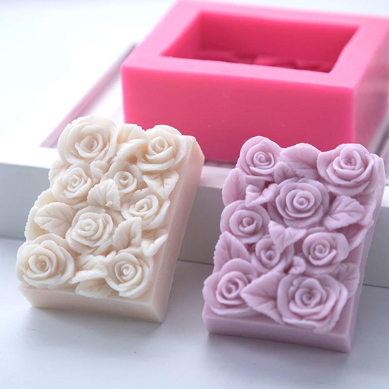 3D Rose Rectangle Soap Mold Silicone Flowers Soap Making Mould Handmade Cake Chocolate Dessert Baking Mold Candle Craft Supplies