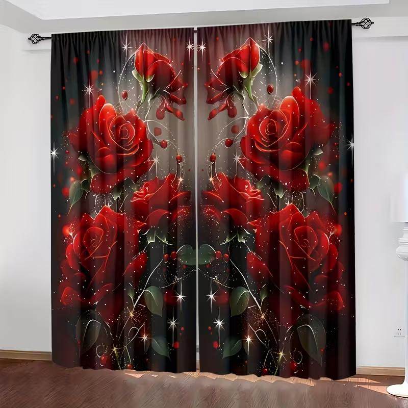 2PCS Red Rose Printed Curtains   Polyester Material Design with Rod Bag   Bedroom   Home Decoration