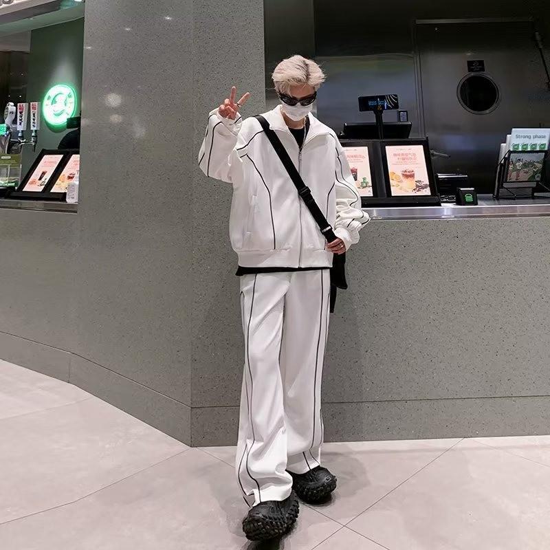 Pánská trendy volná bunda a kalhoty: Korejský styl jednobarevný na jaro a podzim