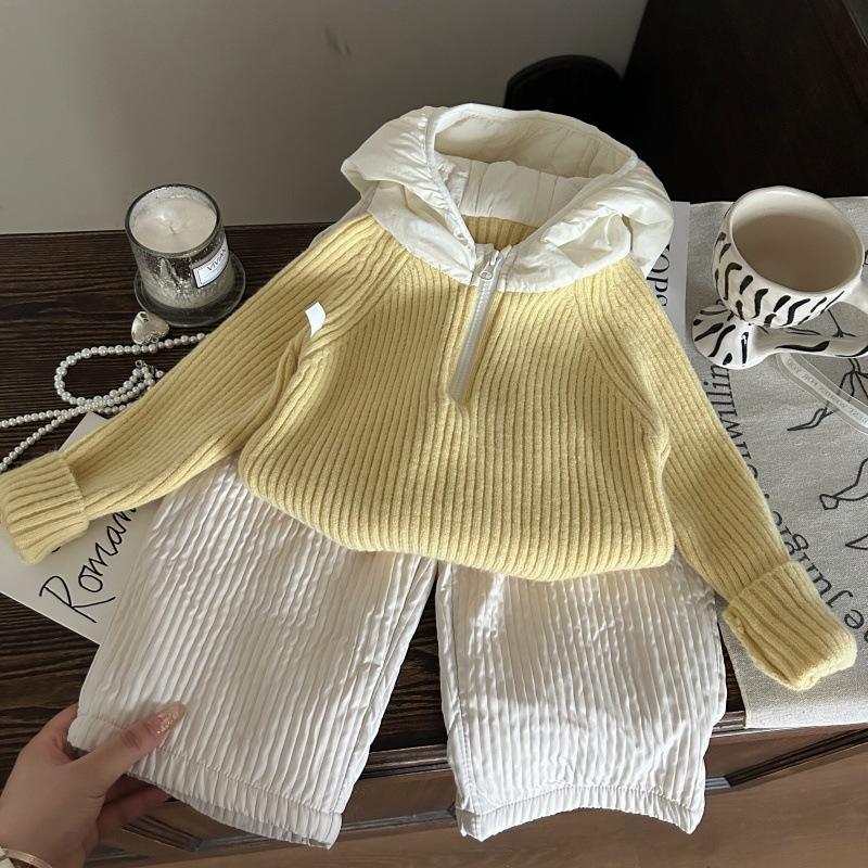 Koreanische Kinderkleidung Winter Mädchen Strick Kapuzenpullover Kinder Plüsch Warme Hose Kinder Anzüge