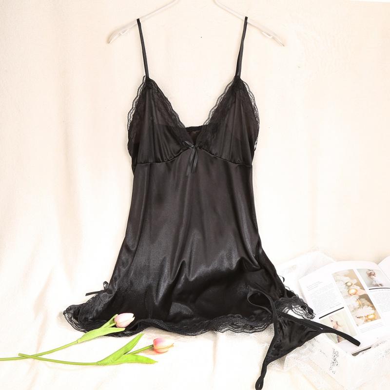 Women Silk Lace Nightgown V-Neck Spaghetti Straps Nightdress Sleepwear