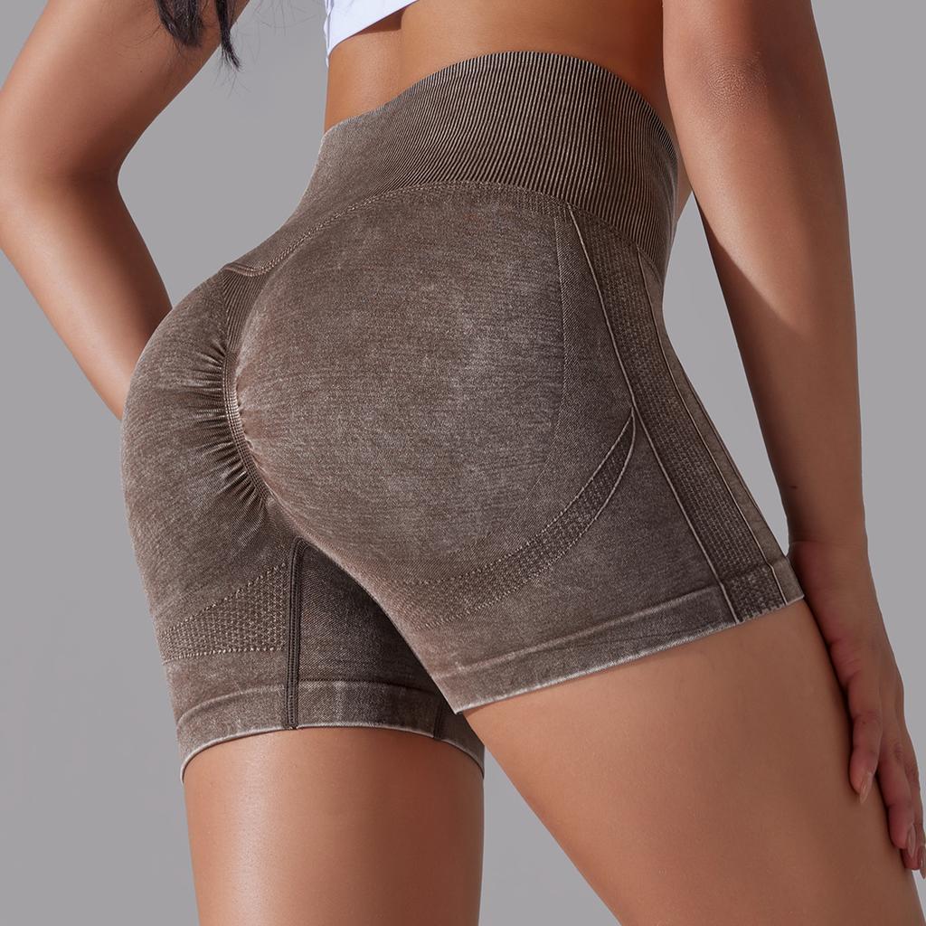 Seamless Water Washed Sports Yoga High Waist And Hip Lifting Shorts Without T-Line, High Elasticity Running Peach Hip Shorts For Women